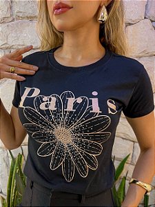 TSHIRT NO ALGODÃO GOLA NA RIBANA PARIS PEDRARIA-PRETA