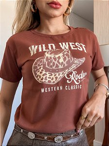 TSHIRT NO ALGODÃO GOLA NA RIBANA WILD WEST CHAPÉU-CHOCOLATE