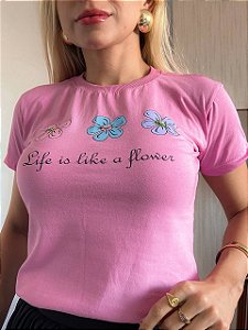 TSHIRT NO ALGODÃO GOLA NA RIBANA FLOWERS PONTO DE LUZ-ROSA IORGUTE