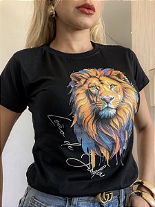 TSHIRT NO ALGODÃO GOLA NA RIBANA LEÃO DE JUDÁ- PRETO