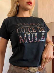 TSHIRT NO ALGODÃO GOLA NA RIBANA COICE DE MULA- PRETA