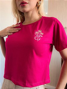 CROPPED ALGODÃO BORDADO GOLA NA RIBANA FLORES GALHOS- ROSA PINK