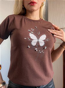 TSHIRT NO ALGODÃO GOLA NA RIBANA BORBOLETA PONTO DE LUZ-CHOCOLATE