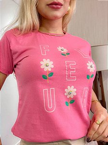 TSHIRT NO ALGODÃO GOLA NA RIBANA FLEUR PONTO DE LUZ- SALMÃO