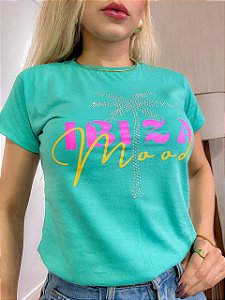 TSHIRT NO ALGODÃO GOLA NA RIBANA IBIZA PEDRARIAS- VERDE ÁGUA