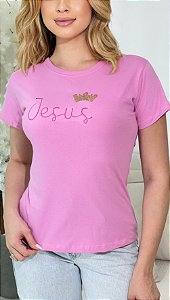TSHIRT JESUS COROA BORDADA - ROSA BEBÊ