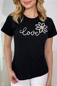 TSHIRT NO ALGODÃO GOLA NA RIBANA LOVE FLOR PONTO DE LUZ-PRETA