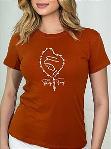 TSHIRT FEMININA CATÓLICA NOSSA SENHORA DE FÁTIMA PONTO DE LUZ- TERRA COTA