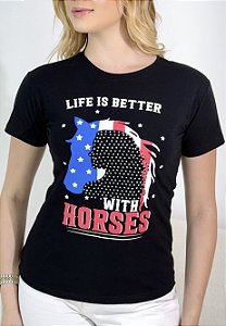 TSHIRT FEMININA COUNTRY WITH HORSES- PRETA