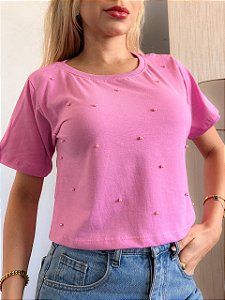 CROPPED ALGODÃO GOLA NA RIBANA PÉROLAS - ROSA IORGUTE