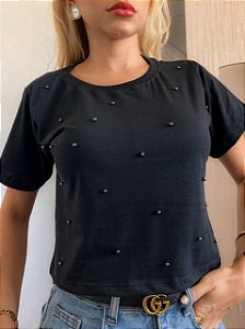 CROPPED ALGODÃO GOLA NA RIBANA PÉROLAS - PRETO