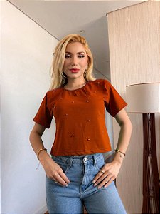 CROPPED ALGODÃO GOLA NA RIBANA PÉROLAS -TERRA COTA