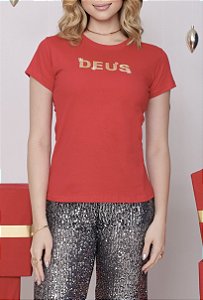 TSHIRT BORDADA DEUS - VERMELHA