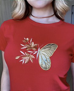 TSHIRT BORDADA BORBOLETA - VERMELHA