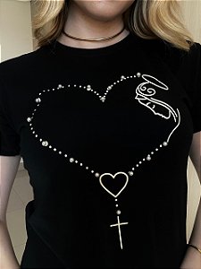 TSHIRT FEMININA CATÓLICA NOSSA SENHORA DE FÁTIMA TERÇO - PRETA