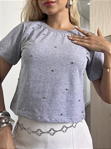 CROPPED ALGODÃO GOLA NA RIBANA PÉROLAS - CINZA