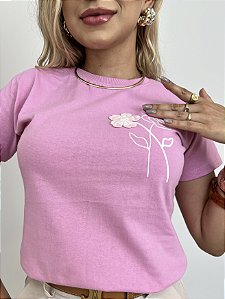 TSHIRT DUAS FLORES NO CROCHÊ - ROSA BEBÊ