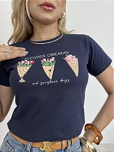 TSHIRT FLOWER DREAMS PÉROLAS - AZUL MARINHO