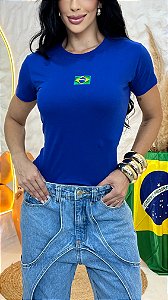 TSHIRT BRASIL BANDEIRA BORDADA - AZUL BIC