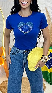TSHIRT BRASIL BANDEIRA CORAÇÃO PEDRARIA -AZUL