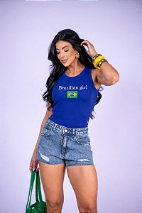 REGATA NA RIBANA BRAZILIAN GIRL BANDEIRA BORDADA 3D - AZUL