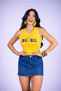 REGATA NA RIBANA BRASIL ESTRELAS BORDADO 3D - AMARELA