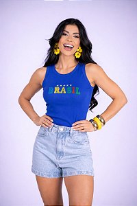 REGATA NA RIBANA BRASIL ESTRELAS BORDADO 3D - AZUL