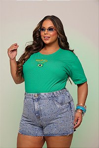 TSHIRT PLUS SIZE BORDADA BRASIL BANDEIRA-VERDE