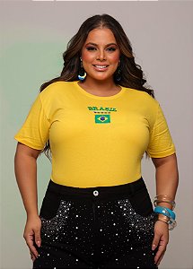 TSHIRT PLUS SIZE BORDADA BRASIL BANDEIRA-AMARELA