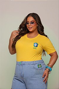 TSHIRT PLUS SIZE BORDADA BRASIL BRASÃO - AMARELA