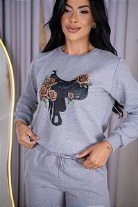BLUSA MOLETOM COUNTRY CELA FLORES PEDRARIA - CINZA