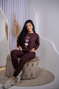 BLUSA MOLETOM CORAÇÕES PEDRARIA - MARROM