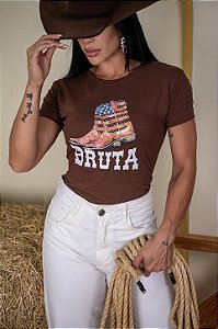 TSHIRT BORDADA BOTA BRUTA PEDRARIA - MARROM