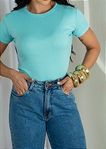 BLUSA BÁSICA CANELADA FEMININA - VERDE ÁGUA