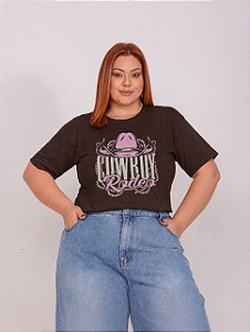 TSHIRT NO ALGODÃO PLUS SIZE COWBOY RODEO TINTA GLITERIZADA - MARROM