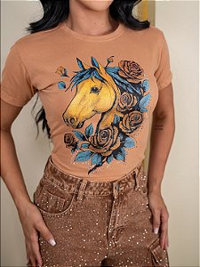 TSHIRT CAVALO FLORES PEDRARIA - CANELA
