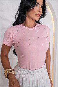 TSHIRT NO ALGODÃO GOLA NA RIBANA PONTO DE LUZ E PÉROLAS - ROSA BEBÊ