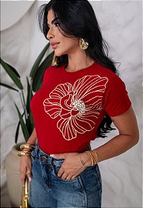 TSHIRT NO ALGODÃO GOLA NA RIBANA FLOR PONTO DE LUZ -VERMELHA
