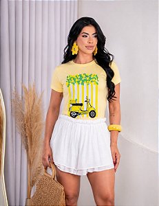 TSHIRT NO ALGODÃO GOLA NA RIBANA MOTINHA FRUTS - AMARELO BEBÊ
