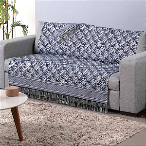 Manta Xale  Decorativa Dupla Face Para Sofá Com Franja Luxor 01 Peça em Tecido Jacquard -210 M x 1,35 M - Cor: Azul Palmeira