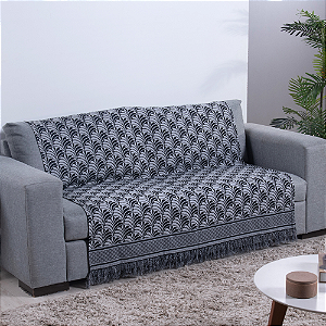 Manta Xale  Decorativa Dupla Face Para Sofá Com Franja Luxor 01 Peça em Tecido Jacquard -210 M x 1,35 M - Cor: Preto Palmeira