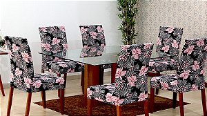 Capas para Cadeira 04 Lugares em Malha Gel, Ajustável e Com Elástico  -Estampado Floral Rosa - Cor:  Rosa