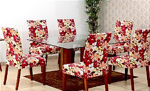 Capas para Cadeiras 06 Lugares em Malha Gel Ajustável e Com Elástico Floral Vermelha-  Cor Vermelha