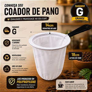 Coador para Café de Pano Tamanho Grande 100% Algodão Reutilizável e Sustentável