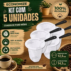 Kit com 5 Coadores para Café de Pano Tamanho Médio 100% Algodão
