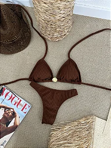 Biquíni Top Cortininha/ Calcinha Asa Delta (semi-fio)- Concha/Chocolate