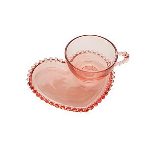 Xicara Chá Cristal C/prato Coração Pearl Rosa 180ml Rojemac