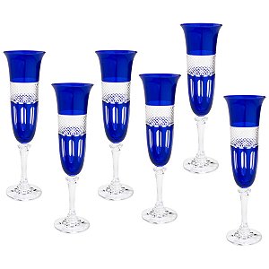 Conjunto com 6 Taças de Cristal Champagne 175ml  Azul Cobalto - Rojemac