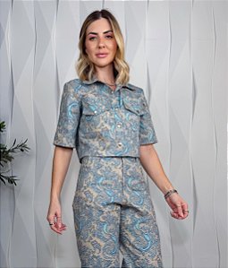 Camisa Cropped Clara Estampada Azul