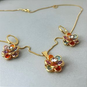 Conjunto brinco e colar flor em zirconia colors